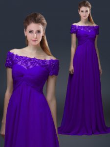 Short Sleeves Chiffon Floor Length Lace Up Mother Of The Bride Dress in Purple with Appliques