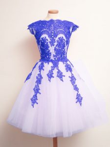 Glittering Mini Length Lace Up Vestidos de Damas Blue And White for Prom and Party and Wedding Party with Appliques