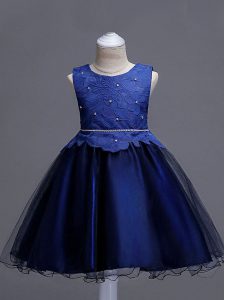 Navy Blue Ball Gowns Lace Flower Girl Dresses for Less Zipper Organza Sleeveless Knee Length