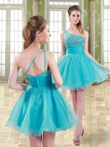Aqua Blue A-line Beading Dress for Prom Zipper Organza Sleeveless Mini Length