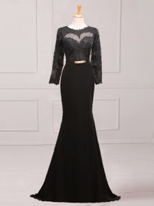 Black Side Zipper Mother Of The Bride Dress Lace and Appliques and Belt Long Sleeves Brush Train
