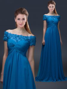 Floor Length Royal Blue Mother Of The Bride Dress Off The Shoulder Short Sleeves Lace Up