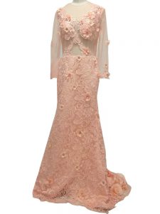 Peach Side Zipper Scoop Beading and Hand Made Flower Mother Of The Bride Dress Tulle Long Sleeves Brush Train