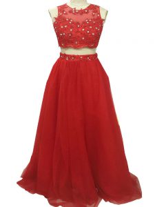 Dramatic Scoop Sleeveless Ball Gown Prom Dress Sweep Train Beading and Appliques Red Tulle