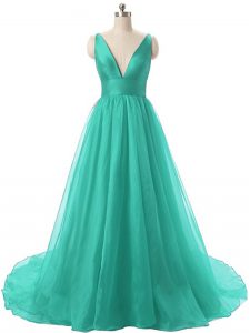 Turquoise Prom Dresses Organza Brush Train Sleeveless Ruching