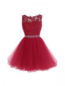 Inexpensive Burgundy Sleeveless Beading and Lace and Appliques Mini Length Prom Party Dress