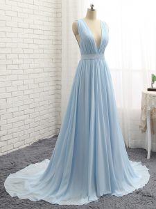 Light Blue Sleeveless Brush Train Ruching and Belt Prom Party Dress