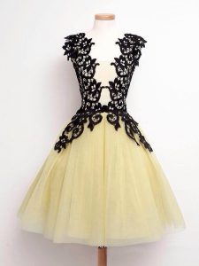 Tulle Straps Sleeveless Lace Up Lace Quinceanera Court of Honor Dress in Gold