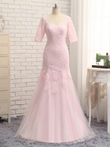 Baby Pink Half Sleeves Tulle Zipper Mother Of The Bride Dress for Prom and Military Ball and Beach