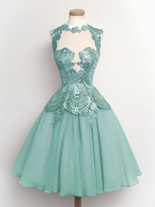 Luxurious Light Blue Lace Up Dama Dress for Quinceanera Lace Sleeveless Knee Length