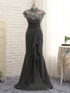 Black High-neck Neckline Lace and Ruching Mother Of The Bride Dress Cap Sleeves Zipper