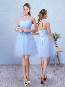 Blue Lace Up Halter Top Ruching Dama Dress Tulle Sleeveless