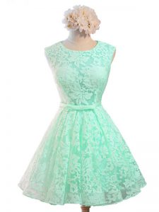 Sleeveless Lace Knee Length Lace Up Dama Dress in Apple Green with Belt