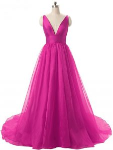 Simple Fuchsia Backless V-neck Ruching Ball Gown Prom Dress Organza Sleeveless Brush Train