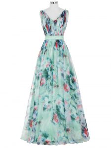 V-neck Sleeveless Evening Dress Floor Length Ruching and Belt Multi-color Printed