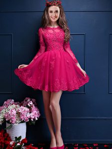 Delicate Scalloped 3 4 Length Sleeve Court Dresses for Sweet 16 Mini Length Beading and Lace and Appliques Hot Pink Chif