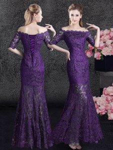 Mermaid Mother Of The Bride Dress Eggplant Purple Off The Shoulder Lace Half Sleeves Floor Length Lace Up