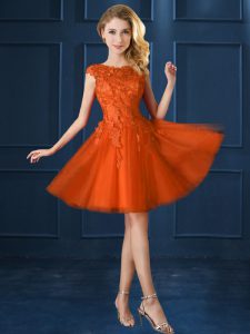 Custom Made Knee Length Orange Red Court Dresses for Sweet 16 Bateau Cap Sleeves Lace Up