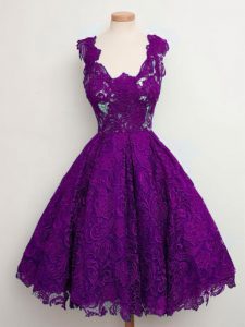 Purple A-line Straps Sleeveless Lace Knee Length Lace Up Lace Vestidos de Damas
