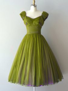 Chiffon V-neck Cap Sleeves Lace Up Ruching Quinceanera Court Dresses in Olive Green