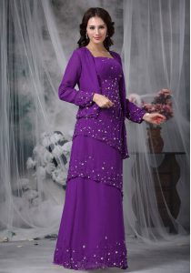 Stunning Floor Length Purple Mother Of The Bride Dress Chiffon Sleeveless Beading