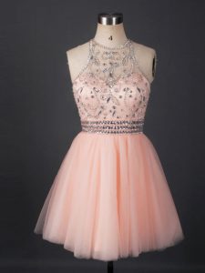 Hot Sale Peach Tulle Lace Up Scoop Sleeveless Mini Length Cocktail Dresses Beading