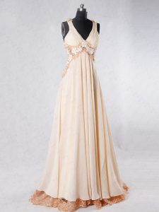 Inexpensive Champagne Sleeveless Chiffon Sweep Train Backless Prom Dress for Prom and Party
