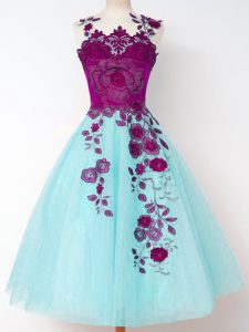 Aqua Blue Bridesmaid Gown Prom and Party and Wedding Party with Appliques Straps Sleeveless Lace Up