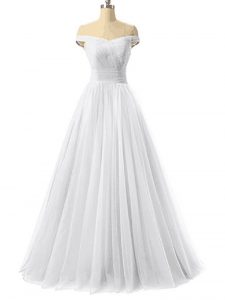 White A-line Tulle Off The Shoulder Sleeveless Ruching Floor Length Lace Up Prom Gown