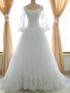 Pretty White Wedding Gowns Tulle Brush Train Sleeveless Lace and Appliques