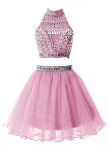 Custom Design A-line Court Dresses for Sweet 16 Lilac High-neck Organza Sleeveless Knee Length Zipper