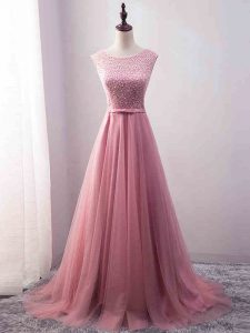 Zipper Dress for Prom Pink for Prom and Party and Military Ball and Beach with Beading and Belt Brush Train