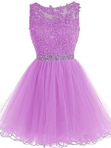 Pretty Lilac Tulle Lace Up Cocktail Dress Sleeveless Mini Length Beading and Lace and Appliques
