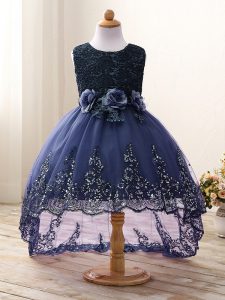 Scoop Sleeveless Tulle Toddler Flower Girl Dress Lace and Appliques and Bowknot and Hand Made Flower Zipper