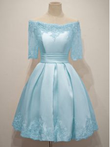 Modest Taffeta Off The Shoulder Half Sleeves Lace Up Lace Damas Dress in Light Blue