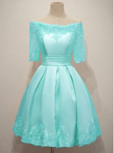 Taffeta Off The Shoulder Half Sleeves Lace Up Lace Wedding Party Dress in Aqua Blue
