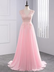 Baby Pink V-neck Neckline Lace and Appliques Prom Party Dress Sleeveless Side Zipper