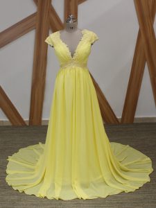 Yellow Short Sleeves Chiffon Brush Train Zipper Prom Party Dress for Prom and Military Ball and Sweet 16