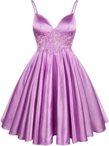 Fancy Knee Length Lilac Quinceanera Dama Dress Elastic Woven Satin Sleeveless Lace
