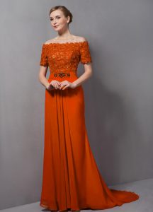 Orange Off The Shoulder Neckline Lace Mother Of The Bride Dress Short Sleeves Zipper