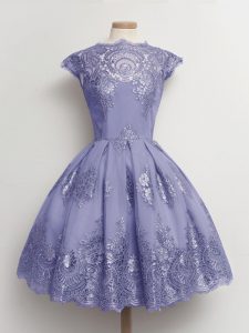 Fashion Lavender A-line Tulle Scalloped Cap Sleeves Lace Knee Length Lace Up Damas Dress