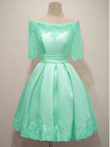 Knee Length Turquoise Quinceanera Dama Dress Taffeta Half Sleeves Lace