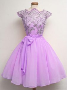 Cap Sleeves Chiffon Knee Length Lace Up Quinceanera Dama Dress in Lilac with Lace and Belt
