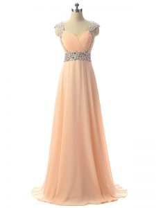 Extravagant Cap Sleeves Lace Up Floor Length Beading Formal Dresses