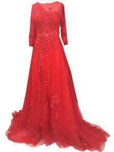 Latest Long Sleeves Tulle Brush Train Zipper Prom Gown in Red with Lace and Appliques and Belt