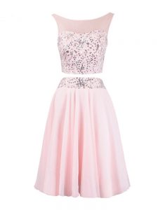 Popular Knee Length Zipper Prom Dresses Baby Pink for Prom and Party and Military Ball and Sweet 16 with Beading