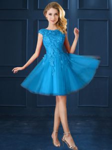 Sweet Bateau Cap Sleeves Bridesmaids Dress Knee Length Lace and Belt Baby Blue Tulle