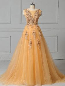 On Sale Tulle Sleeveless Military Ball Dresses For Women Brush Train and Appliques and Pattern