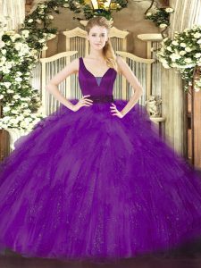 Extravagant Purple Straps Neckline Beading and Ruffles Quinceanera Dress Sleeveless Zipper