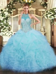 Discount Aqua Blue Ball Gown Prom Dress Military Ball and Sweet 16 and Quinceanera with Beading and Ruffles and Pick Ups